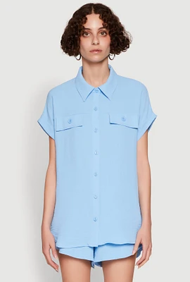 Womens Chic Crepe Knit Button Front Shirt with Flap Pockets,