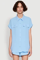 Womens Chic Crepe Knit Button Front Shirt with Flap Pockets,