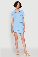Womens Chic Crepe Knit Button Front Shirt with Flap Pockets,