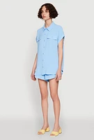 Womens Chic Crepe Knit Button Front Shirt with Flap Pockets,