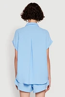 Womens Chic Crepe Knit Button Front Shirt with Flap Pockets,