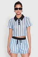 Womens Striped Crochet Crop Top, Blue, Size M