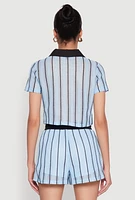 Womens Striped Crochet Crop Top, Blue, Size M
