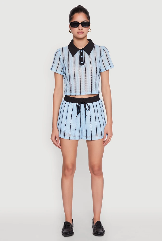 Womens Contrast Trim Striped Crochet Shorts,