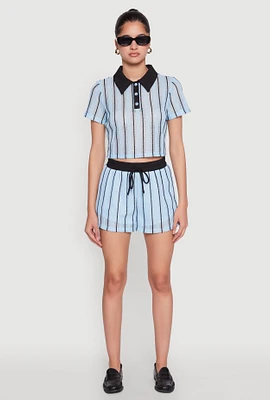 Womens Contrast Trim Striped Crochet Shorts,
