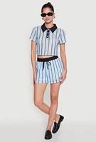 Womens Contrast Trim Striped Crochet Shorts, Blue, Size XL
