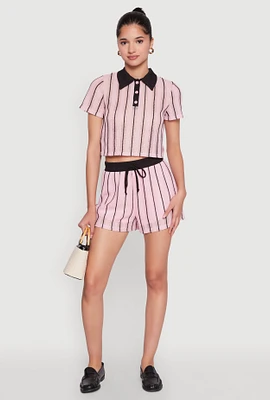 Womens Contrast Trim Striped Crochet Shorts, Pink, Size L