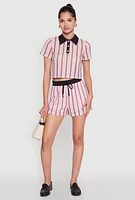Womens Contrast Trim Striped Crochet Shorts, Pink, Size L