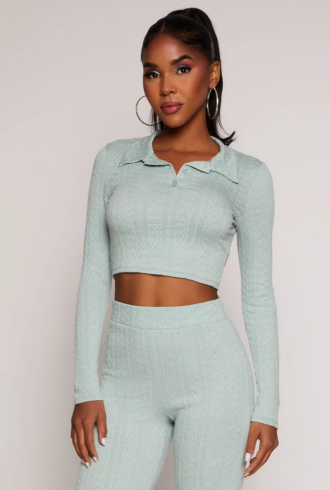 Womens Textured Knit Long Sleeve Crop Top, Green,