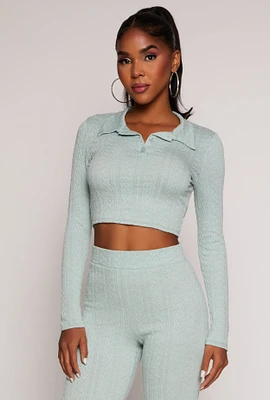 Womens Textured Knit Long Sleeve Crop Top, Green,