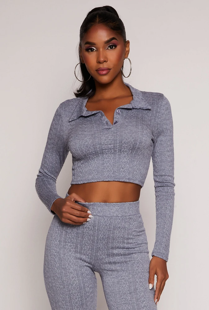 Womens Textured Knit Long Sleeve Crop Top, Blue, Size L