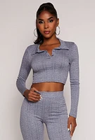 Womens Textured Knit Long Sleeve Crop Top, Blue, Size L