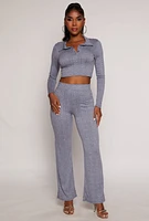 Womens Textured Knit Long Sleeve Crop Top, Blue, Size L