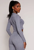 Womens Textured Knit Long Sleeve Crop Top, Blue, Size L