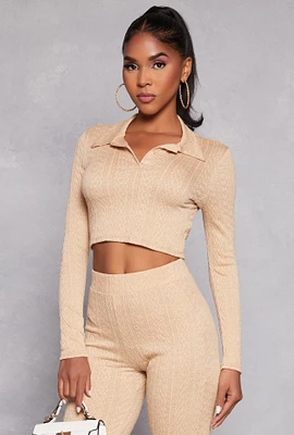 Womens Textured Knit Long Sleeve Crop Top,