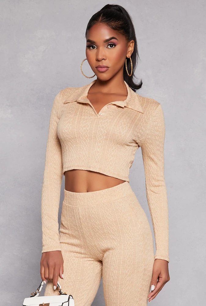 Womens Textured Knit Long Sleeve Crop Top,