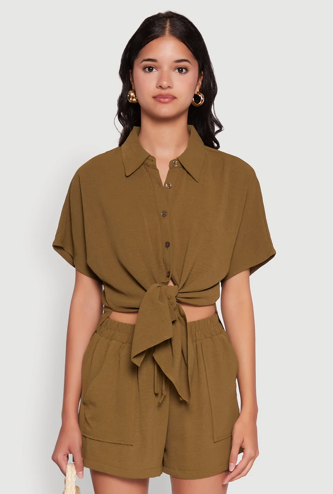 Womens Chic Crepe Knit Shirt with Tie Front and High Low Hem, Green, Size XL