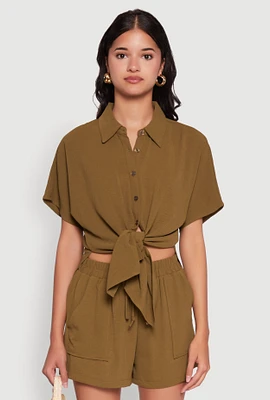 Womens Chic Crepe Knit Shirt with Tie Front and High Low Hem, Green, Size XL