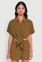 Womens Chic Crepe Knit Shirt with Tie Front and High Low Hem, Green, Size XL