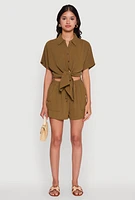 Womens Chic Crepe Knit Shirt with Tie Front and High Low Hem, Green, Size XL