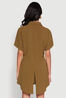 Womens Chic Crepe Knit Shirt with Tie Front and High Low Hem, Green, Size XL