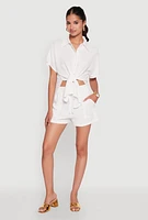 Womens Chic High Waisted Crepe Knit Shorts with Pockets, White, Size S