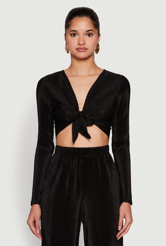 Womens Plisse Tie Front Crop Top,