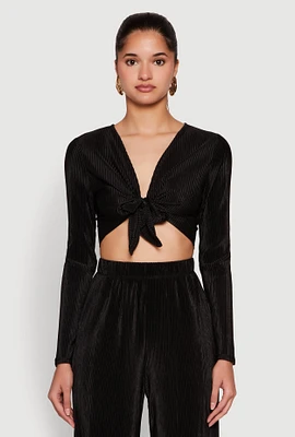 Womens Plisse Tie Front Crop Top,