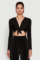 Womens Plisse Tie Front Crop Top,
