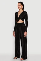 Womens Plisse Tie Front Crop Top,