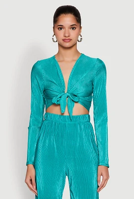 Womens Plisse Tie Front Crop Top,