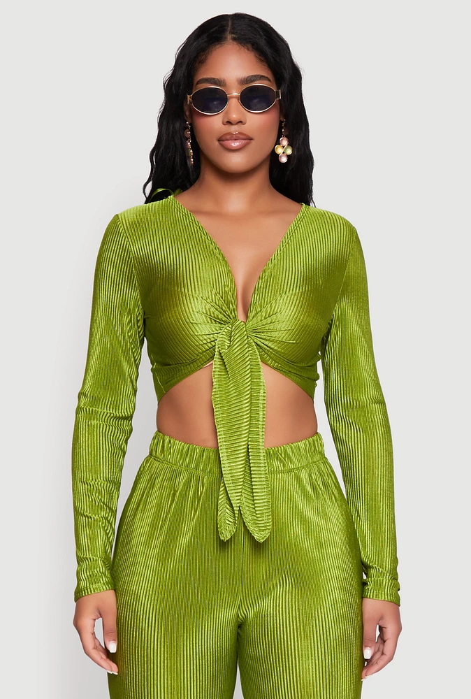 Womens Plisse Tie Front Crop Top, Green, Size M