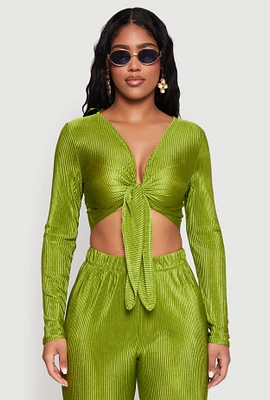 Womens Plisse Tie Front Crop Top, Green, Size M