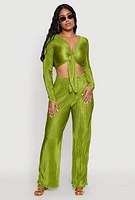 Womens Plisse Tie Front Crop Top, Green, Size M