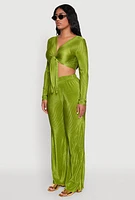 Womens Plisse Tie Front Crop Top, Green, Size M