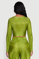 Womens Plisse Tie Front Crop Top, Green, Size M