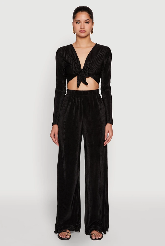 Womens Plisse Wide Leg Pants,