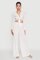 Womens Plisse Wide Leg Pants, White,