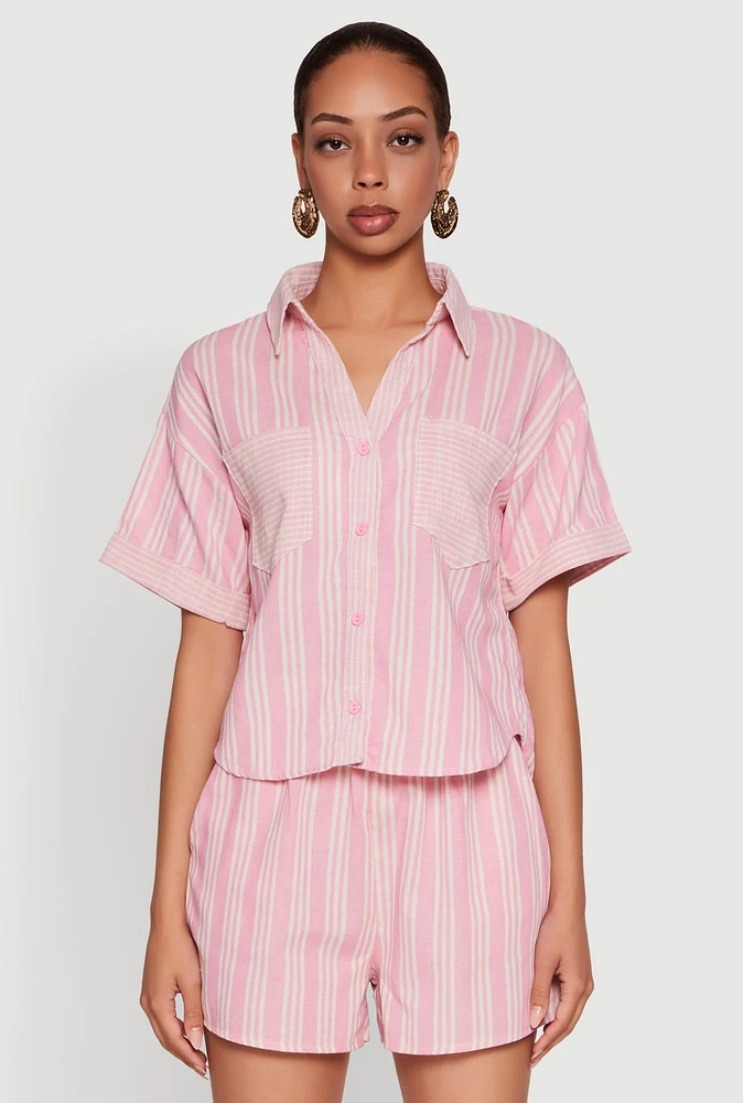 Womens Linen Striped Shirt, Pink, Size M