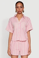 Womens Linen Striped Shirt, Pink, Size M