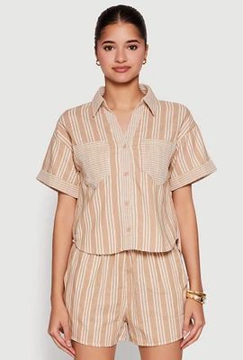 Womens Linen Striped Shirt, Beige, Size S