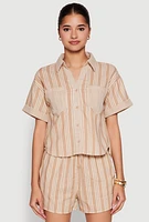 Womens Linen Striped Shirt, Beige, Size S
