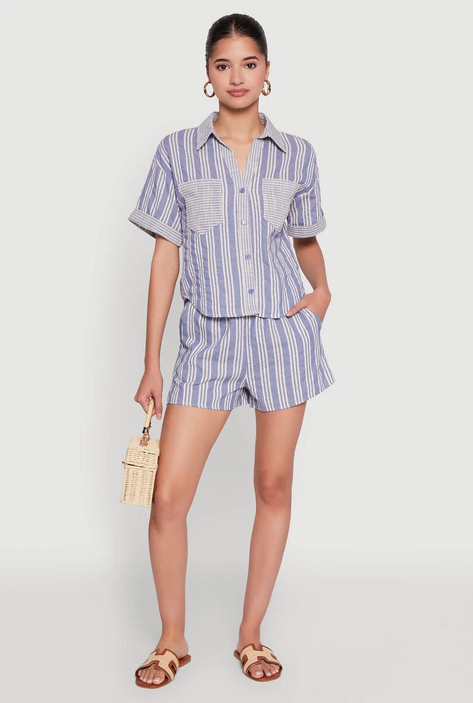 Womens High Waisted Striped Shorts, Blue,