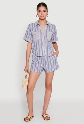 Womens High Waisted Striped Shorts, Blue,