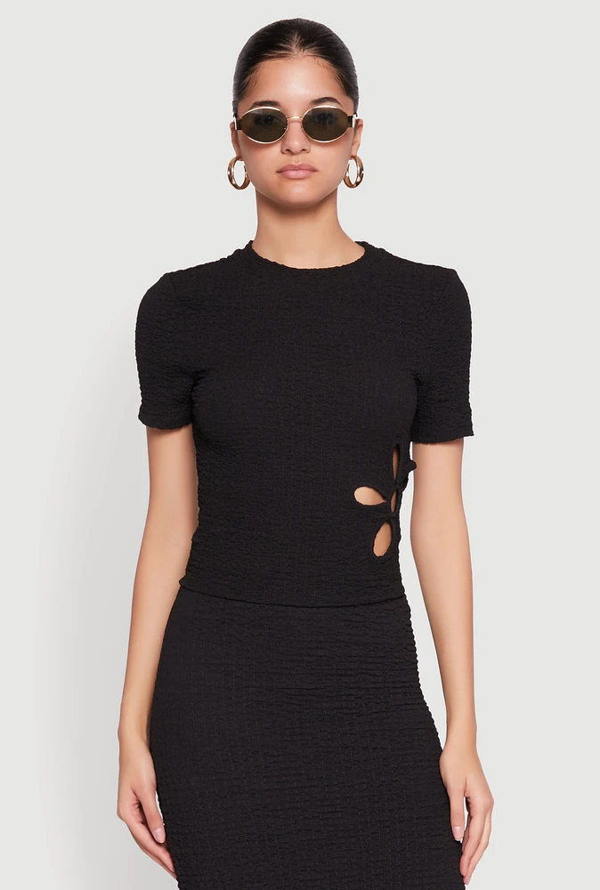 Womens Flower Cut Out Textured Knit Top,