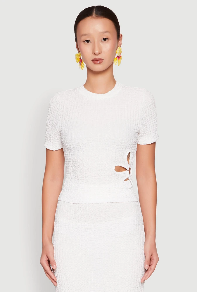 Womens Flower Cut Out Textured Knit Top, White, Size XL