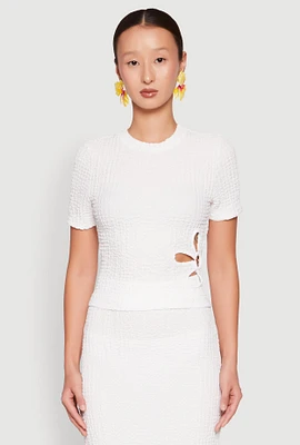 Womens Flower Cut Out Textured Knit Top, White, Size XL