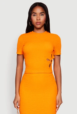 Womens Flower Cut Out Textured Knit Top, Orange, Size M