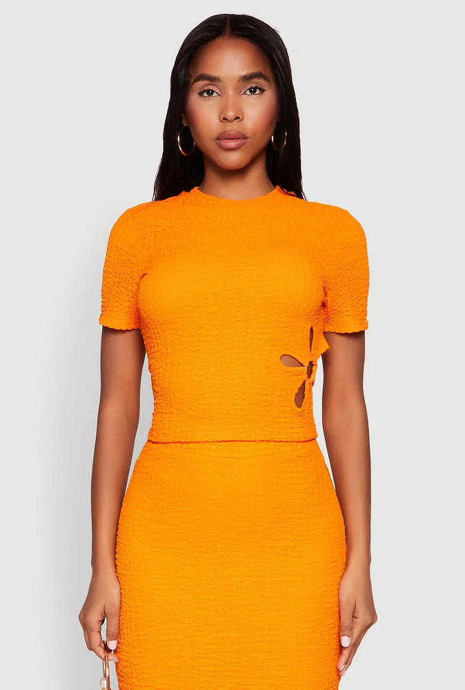 Womens Flower Cut Out Textured Knit Top, Orange, Size S