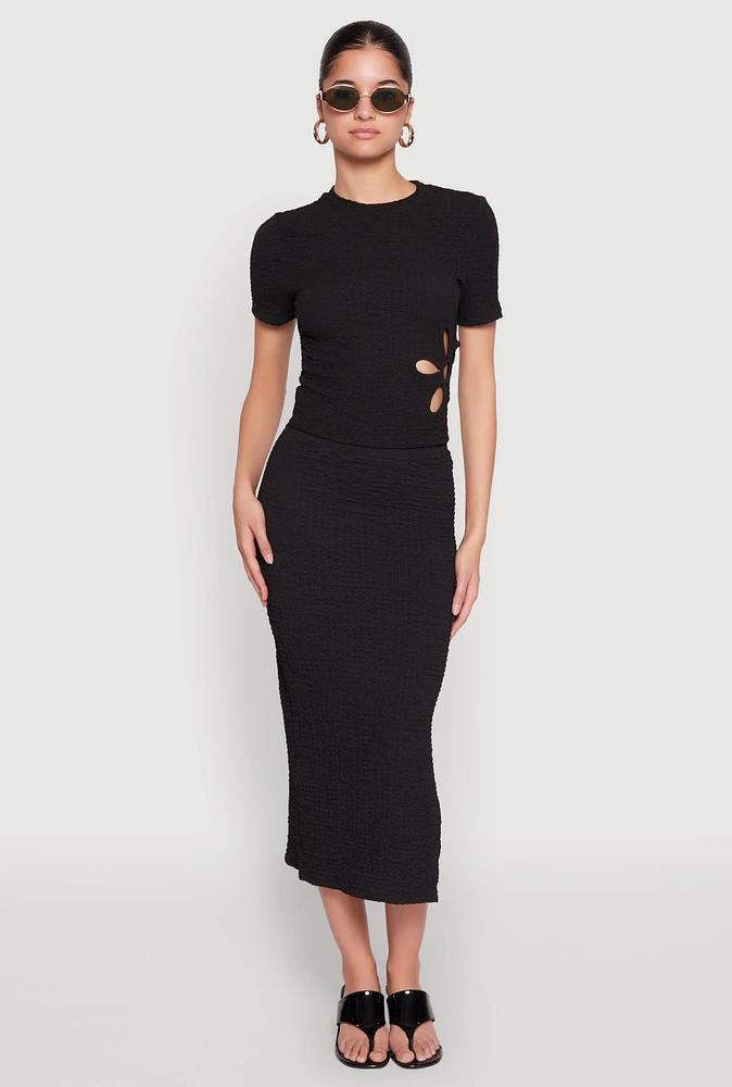 Womens Textured Knit Side Slit Midi Skirt, M